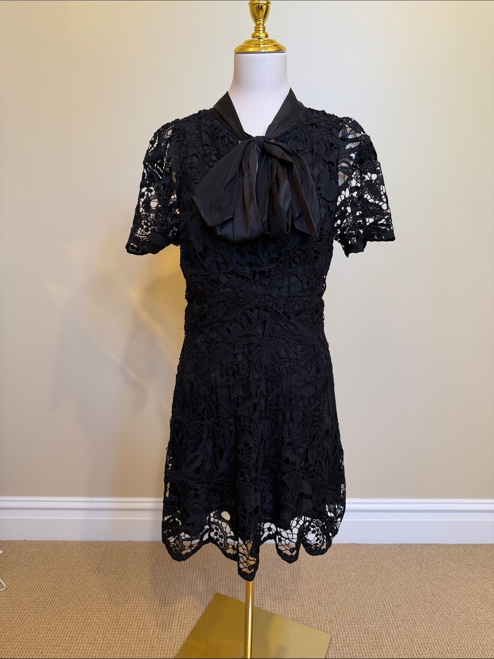 SugarLips Black Lace Bow Neck Mini Dress NWT Size M Crochet A-Line Party Dress